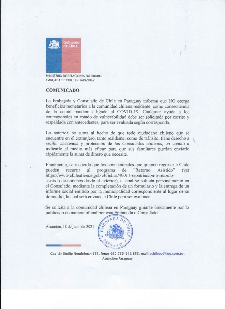 Un comunicado oficial fue emitido hoy por la embajada de Chile para sus conciudadanos residentes en nuestro país.