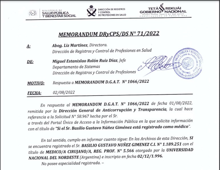 Respuesta del Ministerio de Salud sobre el pedido de información sobre la titulación de Bachi Núñez.