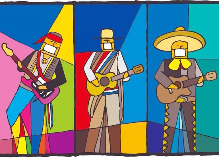 Un colorido homenaje a los músicos realiza Gustavo Rodríguez Jara en esta obra que forma parte de la exposición virtual, que se presentará hoy en su cuenta de Facebook.