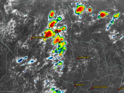 Mapa satelital donde muestran los focos de tormentas en la región occidental.