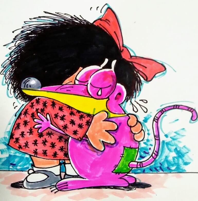 Con su emblemática ratita, nuestro dibujante Caló le da los pésames a Mafalda por el fallecimiento de su "papá".
