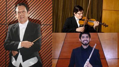 A la izquierda el director Miguel Ángel Echeverría, quien tendrá a su cargo guiar este concierto donde serán solistas el violinista Gustavo Barrientos y el flautista Juan Gerardo Ayala. El concierto será gratuito.