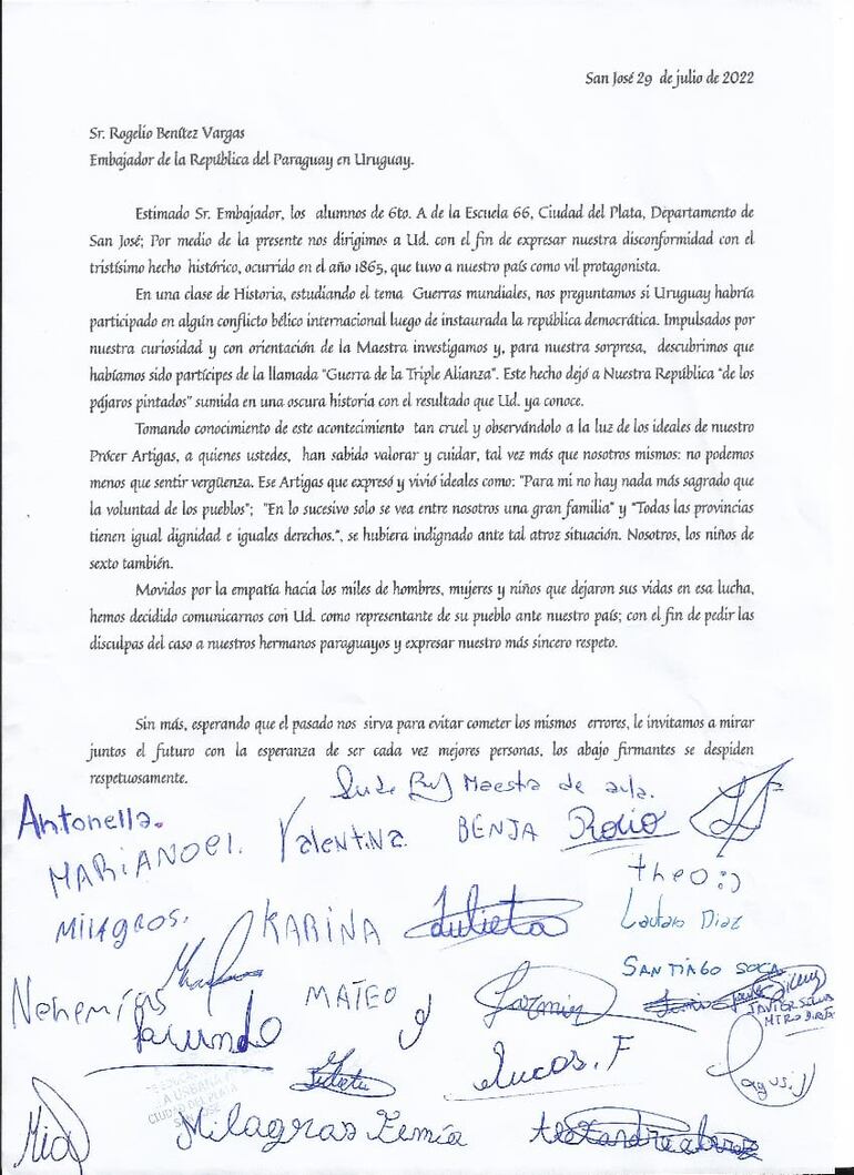 La nota firmada por estudiantes del sexto grado de una escuela uruguaya.