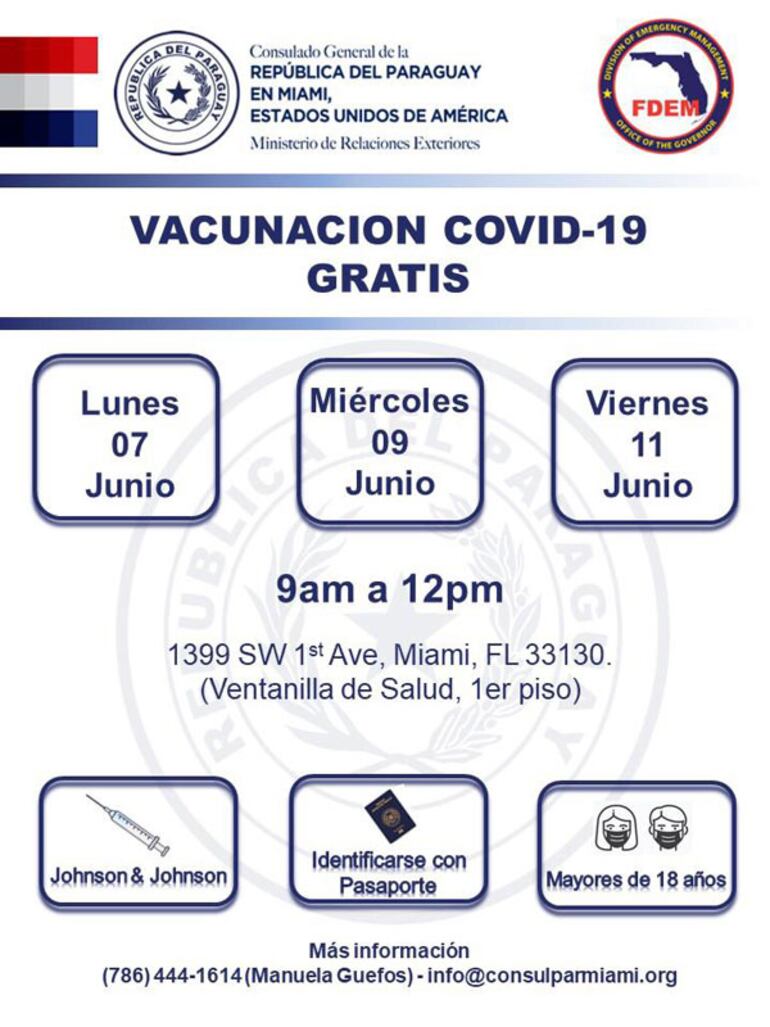 Flyer promocional de las jornadas de vacunación dirigidas a paraguayos en Miami.