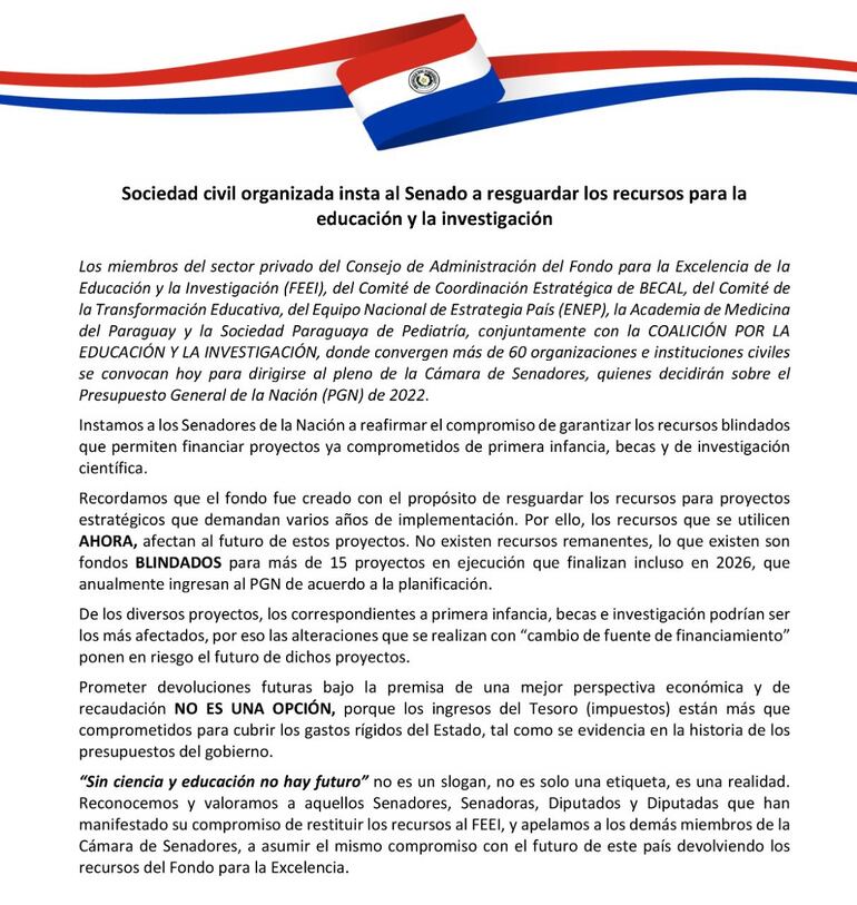 Comunicado exigiendo la reposición y protección del dinero para el FEEI.