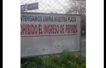 Print del video donde se ve el cartel que prohíbe la entrada de perros a la plaza Mburicaó.