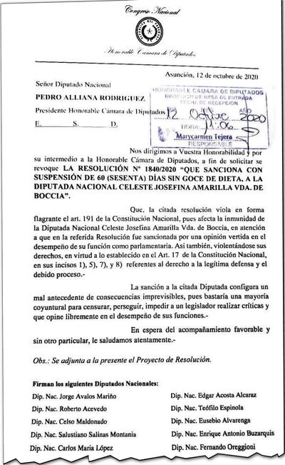Facsímil del proyecto de resolución que pide la revocatoria de suspensión de la diputada Amarilla.