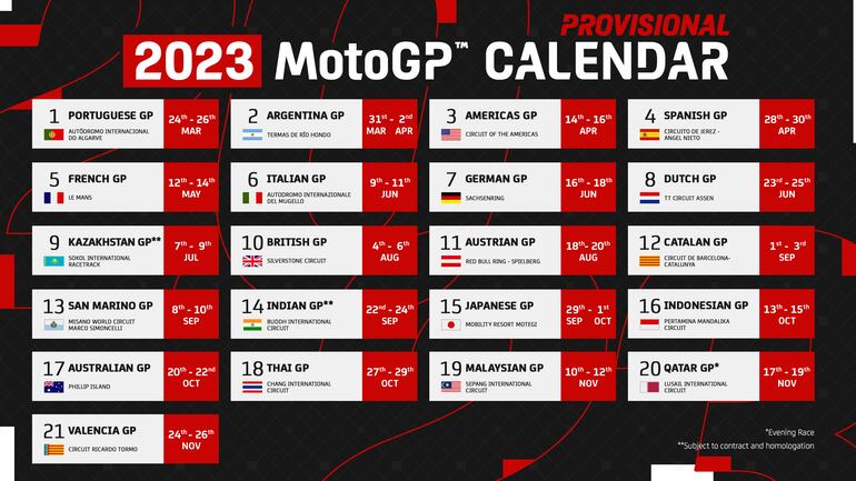 El calendario 2023 del Gran Premio de MotoGP.