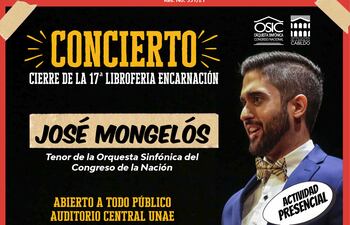 El tenor José Mongelíos ofrecerá un concierto, en el cierre de la 17 edición de la Libroferia Encarnación.