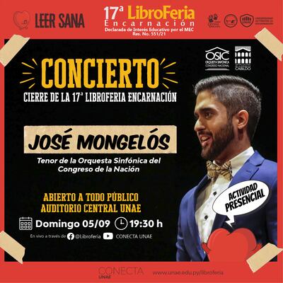 El tenor José Mongelíos ofrecerá un concierto, en el cierre de la 17 edición de la Libroferia Encarnación.