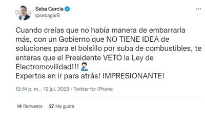 Tuit del diputado Sebastián García sobre veto de Abdo a ley de electromovilidad.