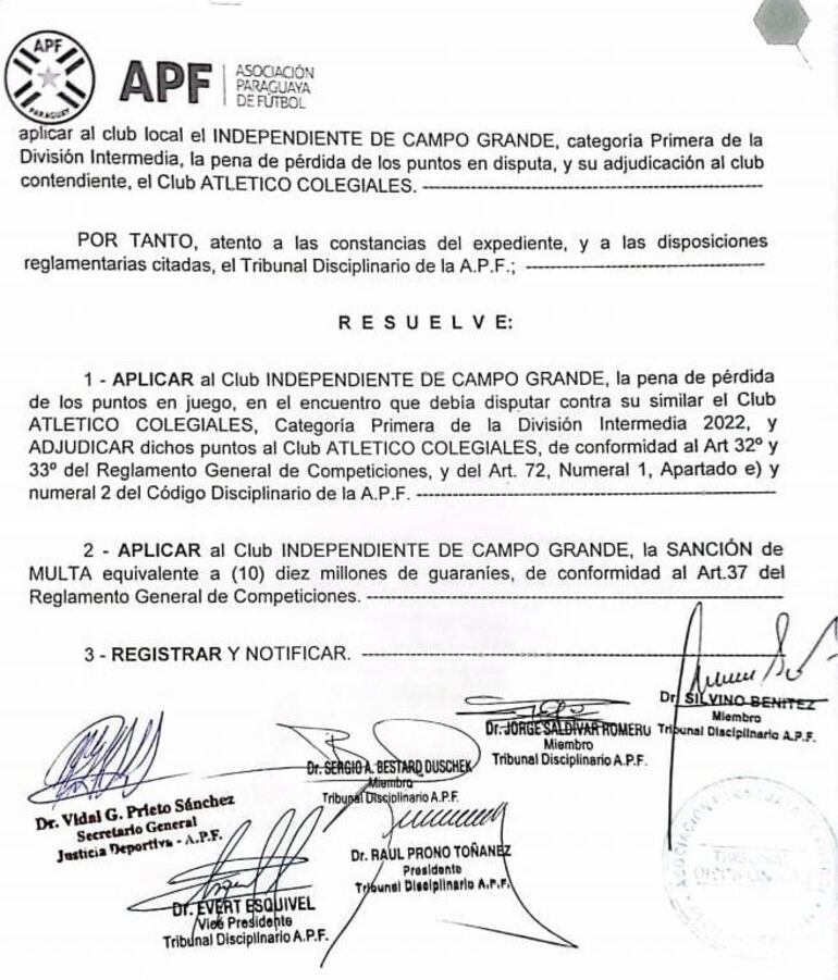 Documento oficial, APF.