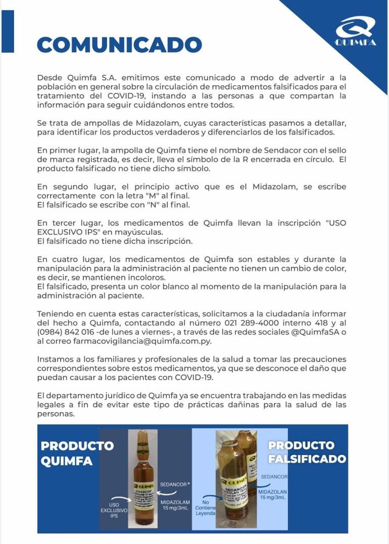 Comunicado de Quimfa sobre el contrabando de Midazolam falso.