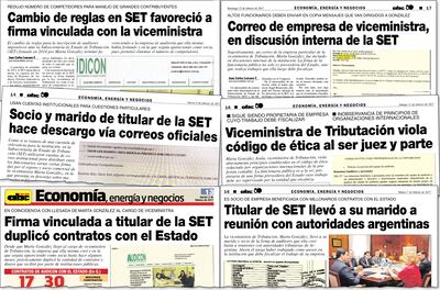 Facsímiles de las publicaciones que molestaron a la exviceministra de Tributación Marta González en las que se cuestiona sus decisiones y vínculos con proveedores estatales.