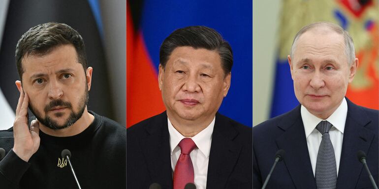 Combinación de fotos del presidente de Ucrania Volodymyr Zelensky, de China, Xi Jinping; y de Rusia, Vladimir Putin.  (AFP)