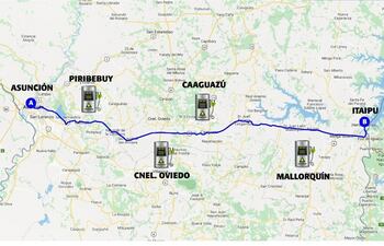 En estos puntos se encuentran las estaciones de la "Ruta verde" para la recarga gratuita de vehículos eléctricos, proyecto impulsado por Itaipú.