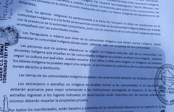 Nota de la Asociación de Indígenas en que denuncian los atropellos por parte de religiosos.