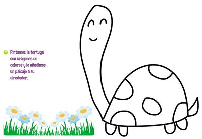 Pintamos la tortuga con crayones de colores y le añadimos un paisaje a su alrededor.