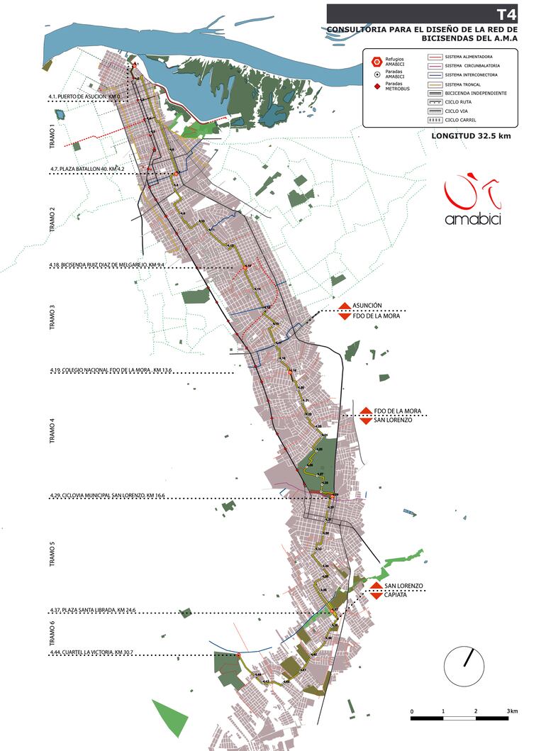 Itinerario propuesto para las bicisendas en el Área Metropolitana de Asunción.