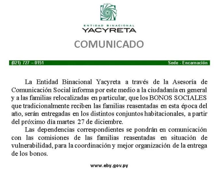 Comunicado emitido por la sede Encarnación de la EBY.