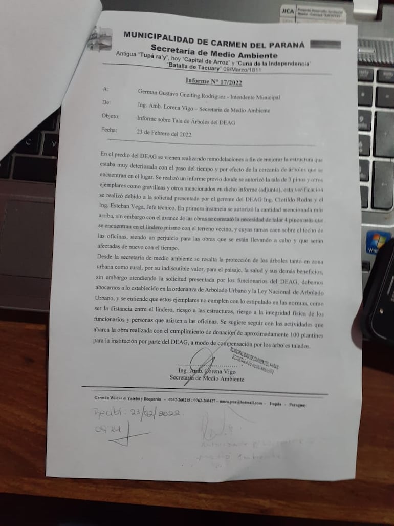 Según el encargado del DEAG en Carmen del Paraná se hizo el permiso correspondiente en la Municipalidad para la tala de los árboles, y se prometió donar plantines de árboles nativos.
