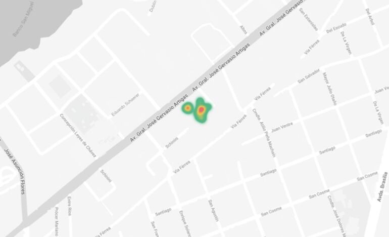 Mapa de calor en el que reporta mil validaciones en una hora, que ubica en la oficina de TDP SA, operadora del billetaje, en 2022. La empresa señaló que son "pruebas técnicas".