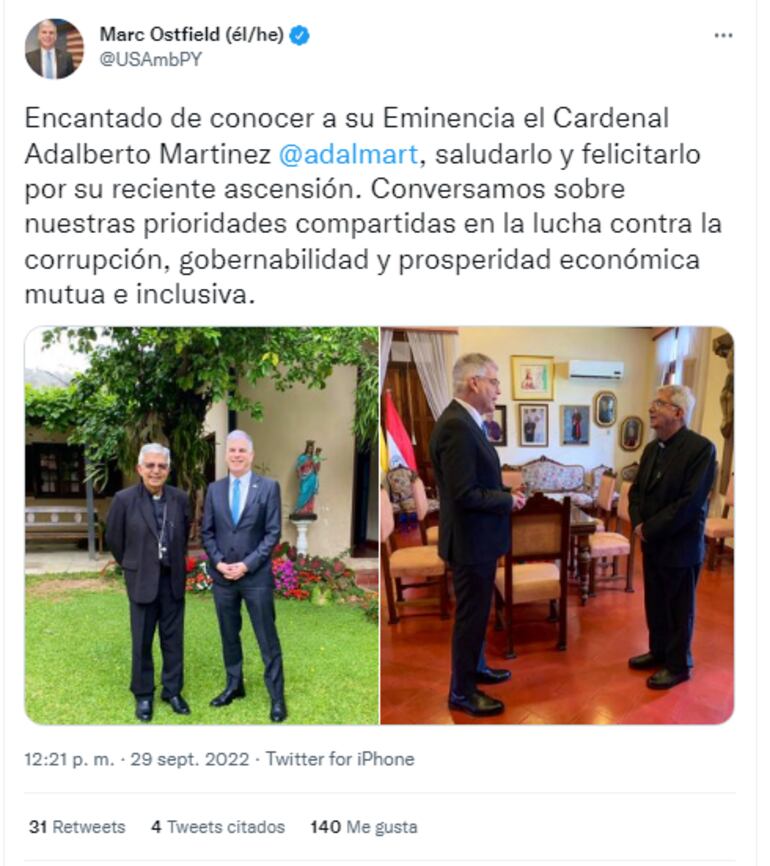 Tuit de Embajador de los EE.UU. Marc Ostfield tras su reunión con el Cardenal Adalberto Martínez. (captura de red social).