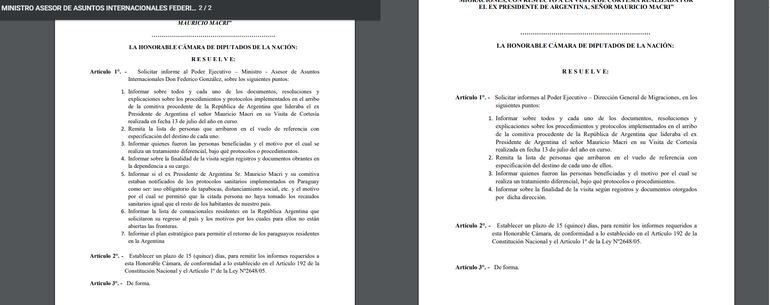 A la izquierda, el proyecto de pedido de informe dirigido al Ministro de Asuntos Internacionales y a la derecha, la solicitud para Migraciones. 