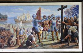 Una pintura que reproduce la fundación de Asunción, realizada por Pablo Alborno, acervo de la Municipalidad de Asunción.