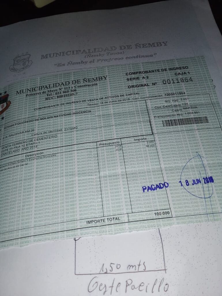 Factura de pago en la municipalidad de Ñemby en el 2018