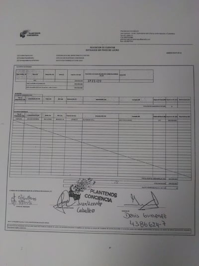 Planilla de rendición presentada por Plantemos Conciencia con la aclaración de firma.
