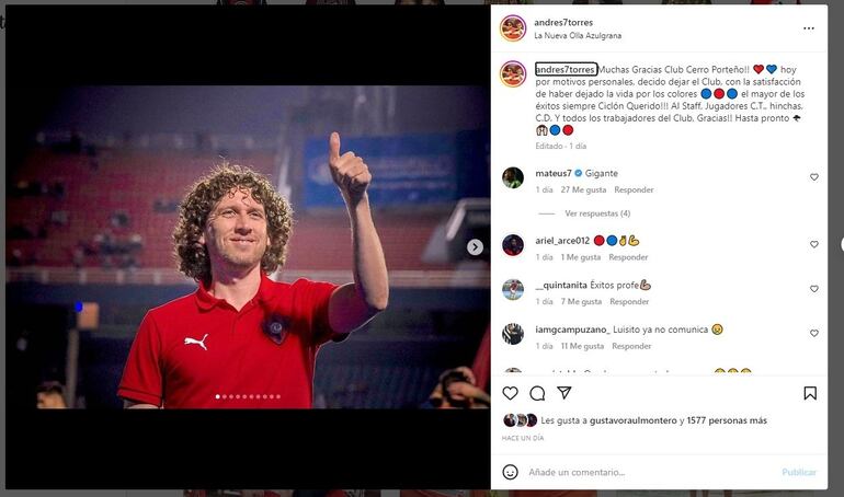 La publicación de Andrés Torres anunciando la salida de Cerro Porteño.