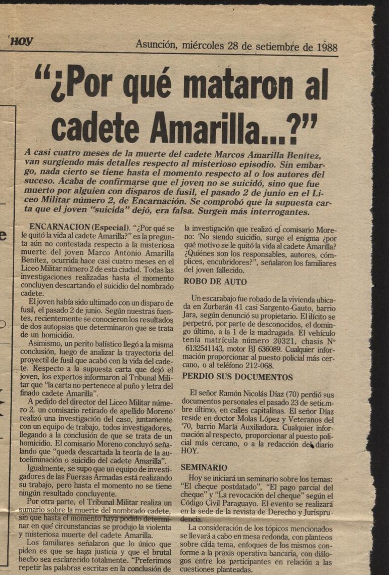 Recortes de la época sobre la muerte del Cadete Amarilla.