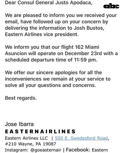 Nota de Eastern dirigida al Embajador Justo Apodaca.