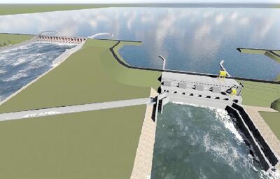 Esta es la maqueta de la nueva central hidroeléctrica Aña Cua, que está en proceso de  construcción en las cercanías del actual vertedero, sobre ese brazo del Paraná.