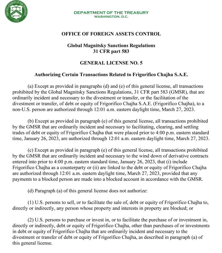 Licencia General N° 5 (GL) 5 de emitida por la OFAC en la cual se refiere exclusivamente a la empresa sancionada.