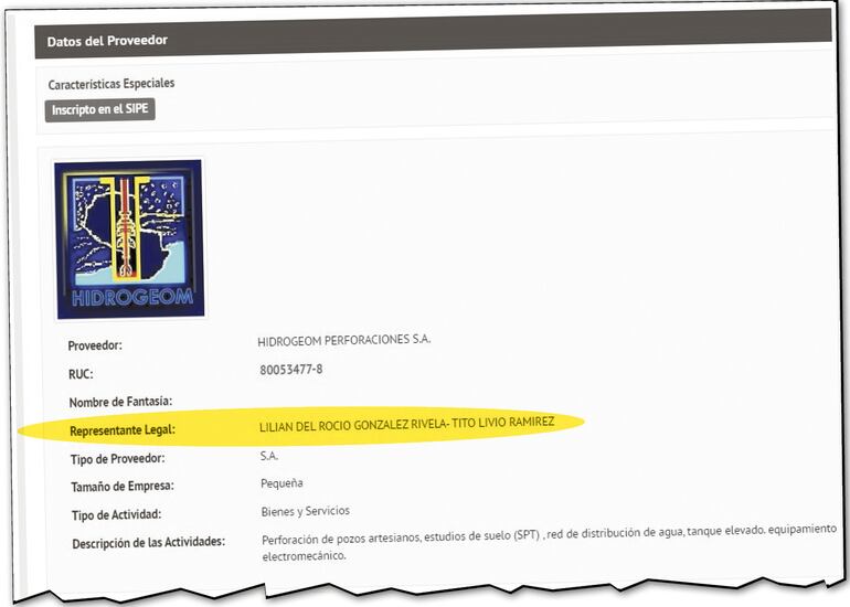 En el portal de la DNCP figura como representante de Hidrogeom SA el funcionario de la entidad.