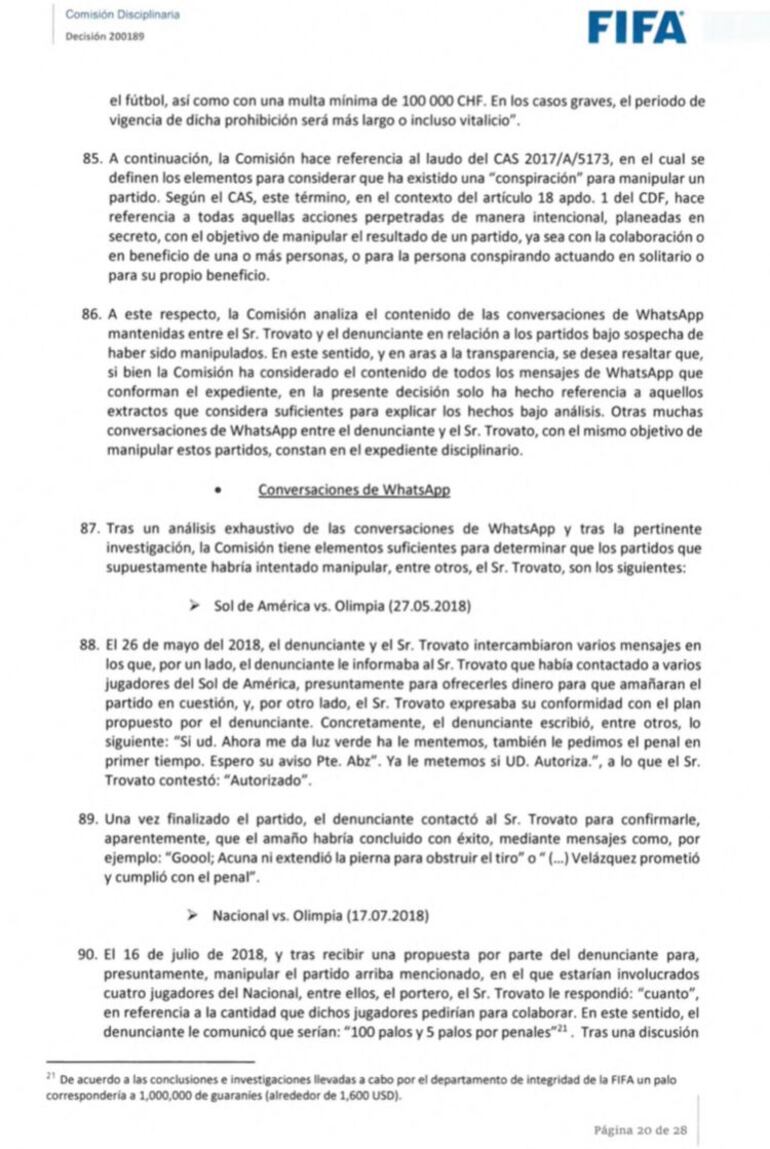 Los mensajes de WhatsApp que la FIFA utilizó como prueba para determinar que Marco Trovato "conspiró" para manipular partidos.