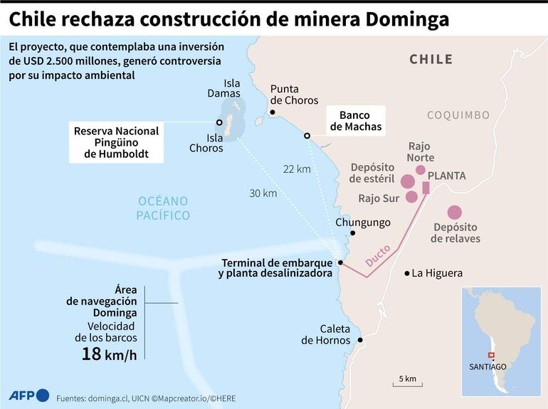Mapa de localización y datos de la minera Dominga en Chile, un proyecto que el gobierno rechazó este miércoles por su impacto medioambiental - AFP / AFP