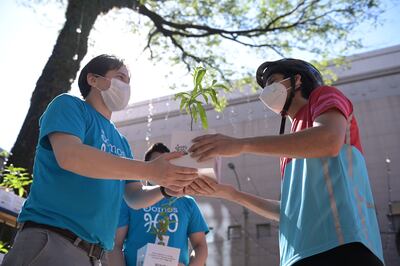 Un miembro Sonidos de la Tierra entrega un árbol de especie nativa a un trabajador delivery.