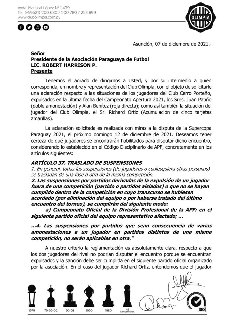 Nota presentada por Olimpia a la APF