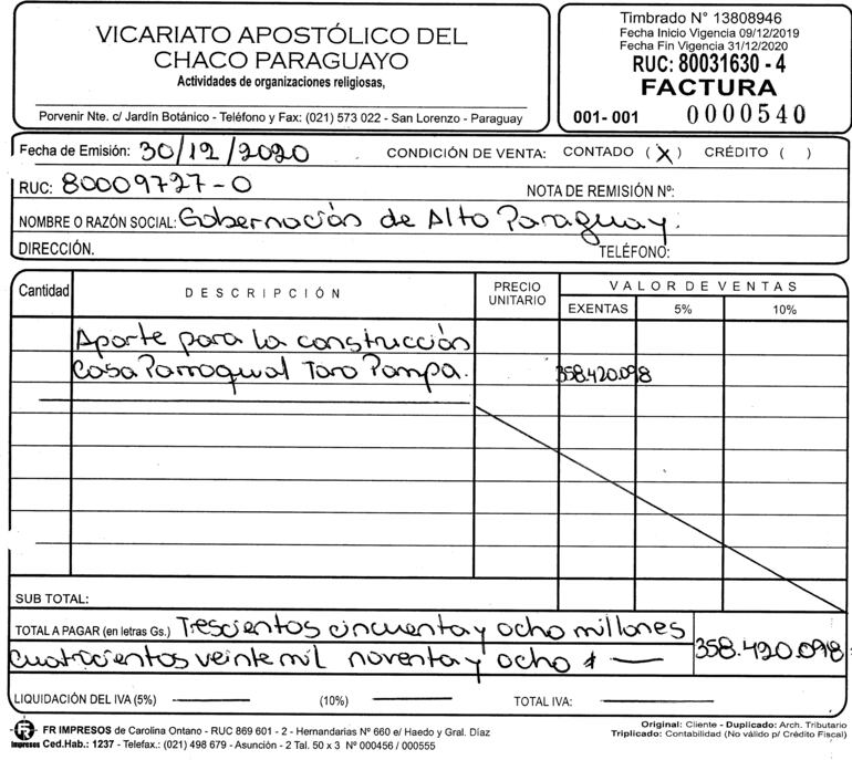 Según las facturas, el dinero fue destinado para la reparación de una capilla y la construcción de una casa parroquial en Toro Pampa.