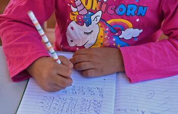 Una alumna de una escuela pública de Asunción escribe en su cuaderno.