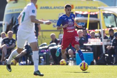 Jesús Medina en acción durante el partido amistoso disputado ayer en Moscú.