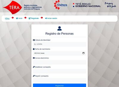Vista de la plataforma Téra, habilitada por la SNC, para el registro de  artistas, gestores y trabajadores culturales.