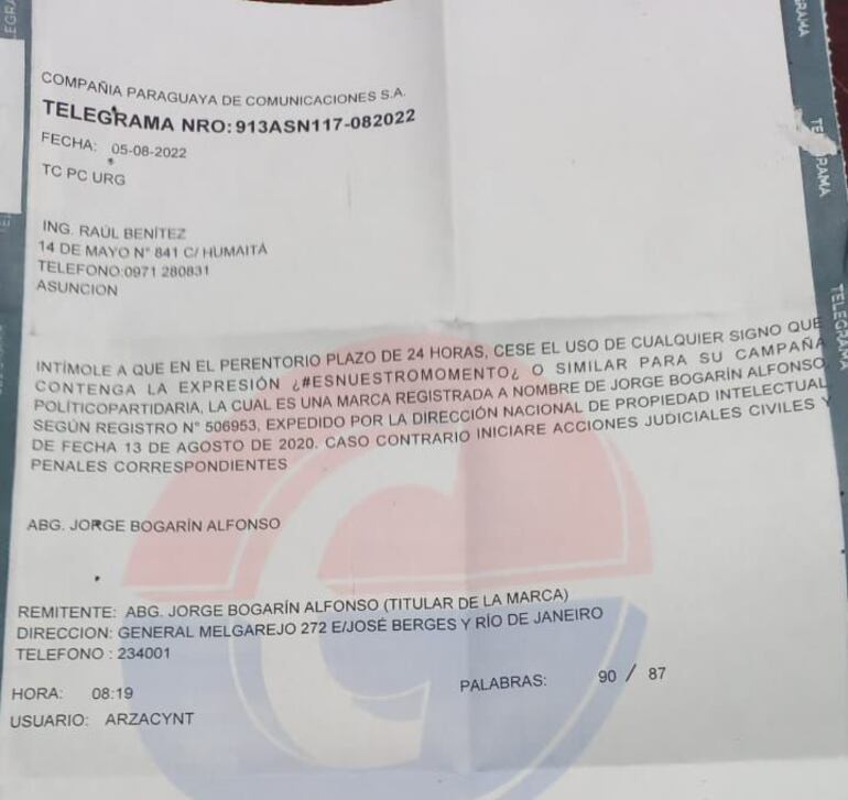 Telegrama enviado por Jorge Bogarín al precandidato Raúl Benítez por utilizar su frase