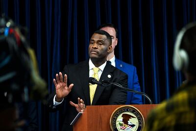 US Attorney Markenzy Lapointe speaks during a press conference at the US Attorney's Office for the Southern District of Florida in Miami, Florida on February 14, 2023. - The Southern District office announced new arrests and charges in the July 7, 2021, assassination of Haitian President Jovenel Moise. (Photo by CHANDAN KHANNA / AFP)