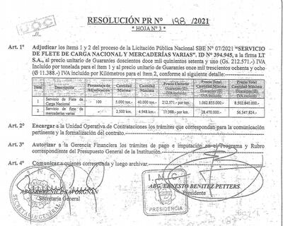 Resolución de adjudicación del flete terrestre a LT.