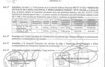 Resolución de adjudicación del flete terrestre a LT.