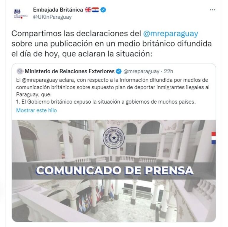 La embajada británica retuiteó el comunicado del Ministerio de Relaciones Exteriores sobre la información de que el gobierno de Paraguay negocia la llegada de inmigrantes ilegales desde el Reino Unido.
